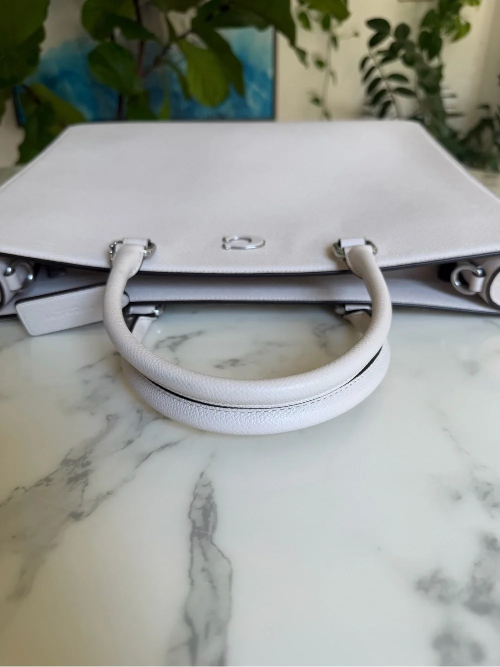 Coach Tote Bag 40 With Signature Canvas Chalk Leather Webbing Strap Unisex CJ844